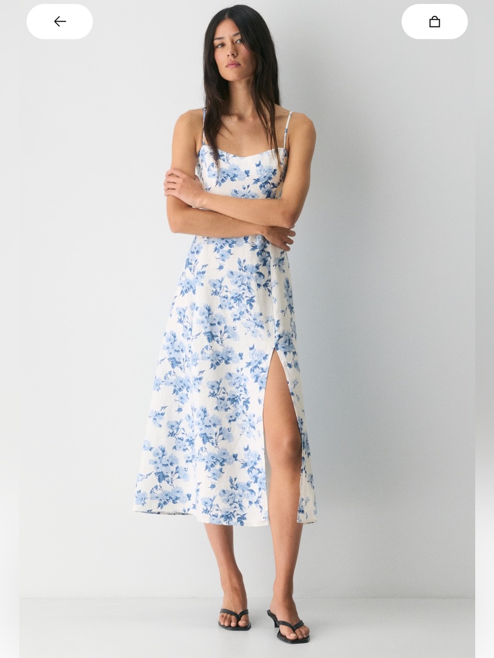 Aritzia Linen Blue Floral Slip Dress - White & Blue